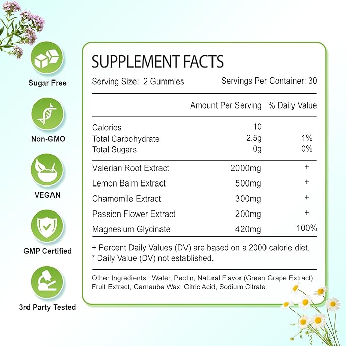 2 Pack Organic Valerian Root Gummies, Natural Calm to Help Relaxation, Herbal Supplement for Mood Support, Melatonin Free, Non-GMO, Gluten Free, Vegan, Green Grape Flavor, 120 Count