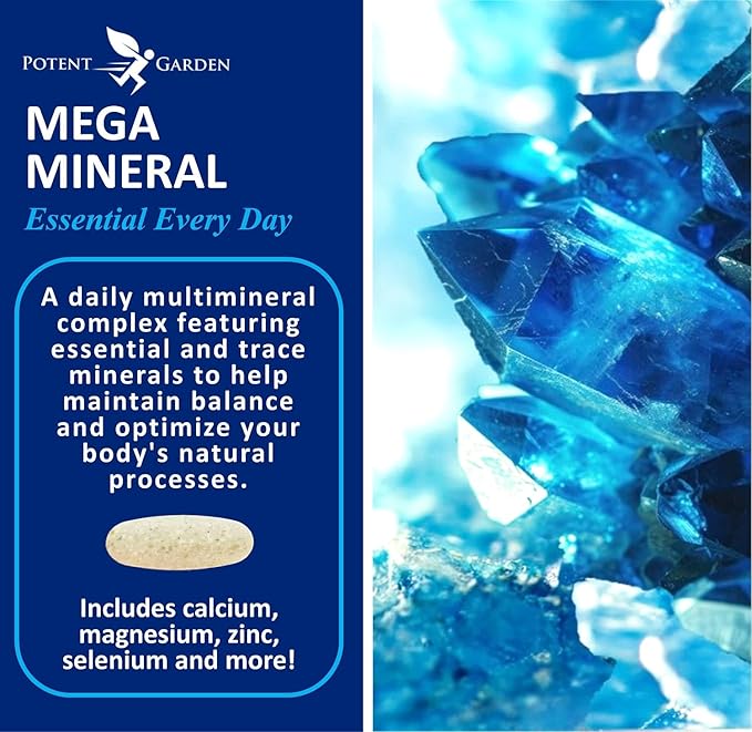 Potent Garden Mega Mineral Supplement Complete Mineral Complex with Calcium Magnesium Zinc Potassium Boron Selenium Chromium & 72 Trace Minerals Iron Free Calcium Supplement -100 Pills