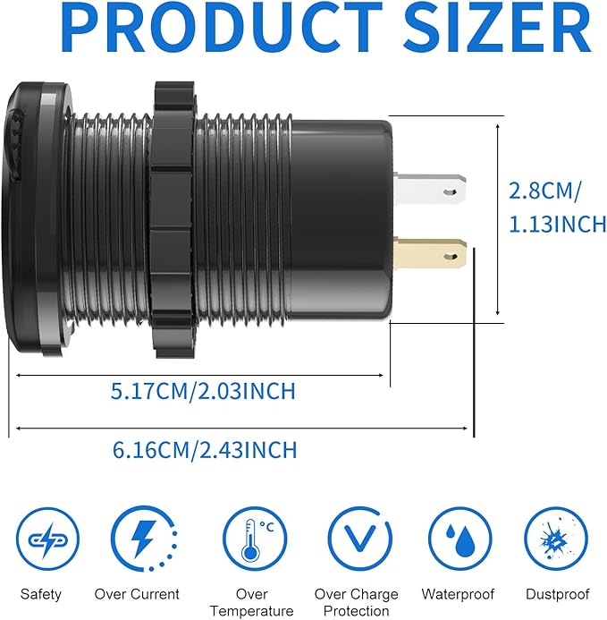 78W 12V USB Outlet 4 Port Car Charger Socket, Dual PD USB C and Dual Quick Charge 3.0 Port Aluminum Charger with Voltmeter DIY Kit Waterproof for Car Boat Marine Motorcycle RV ATV Truck Golf Cart, etc