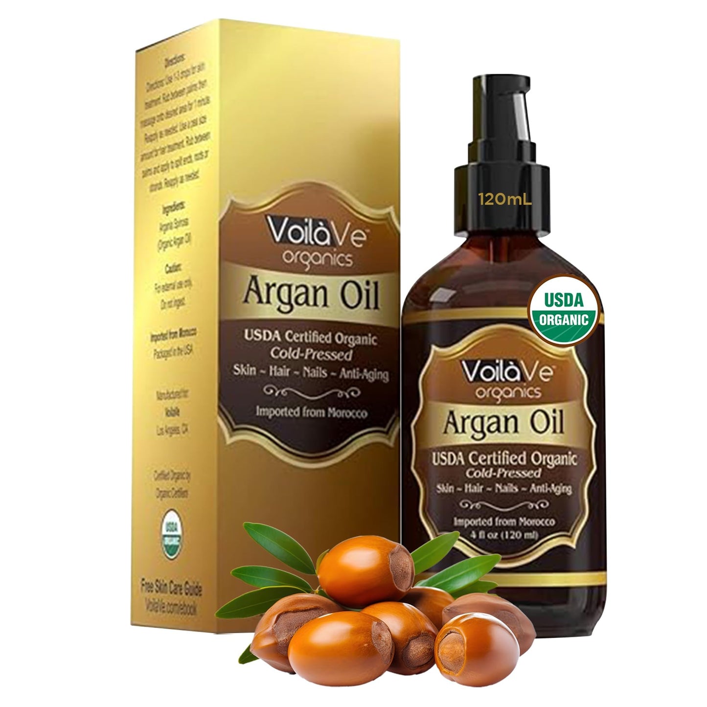 Voilave Usda And Ecocert 100% Pure Organic Moroccan Argan Oil For Skin, Nails & Hair Growth, Anti-Aging Face Moisturizer, Cold P