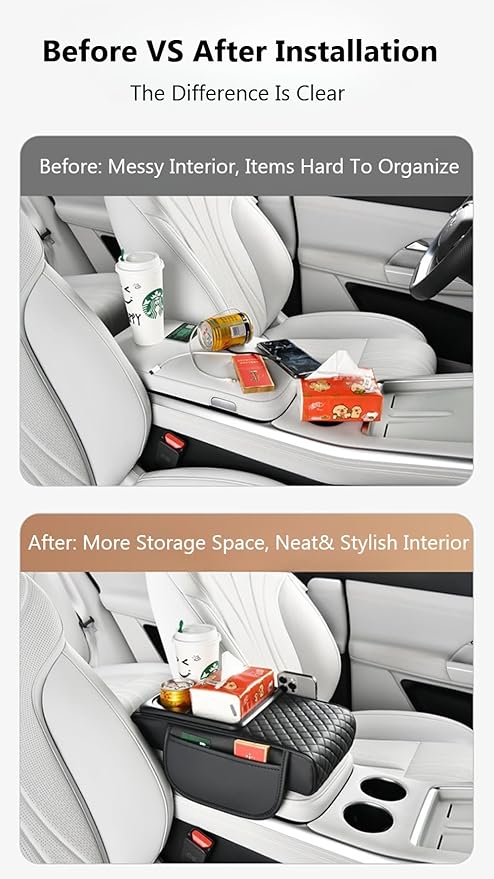 Car Armrest Pad with Built-in Induction Charging, Leather Center Console Cushion with 15W Power Pad, Dual Cup Holders, Storage Pockets - Black