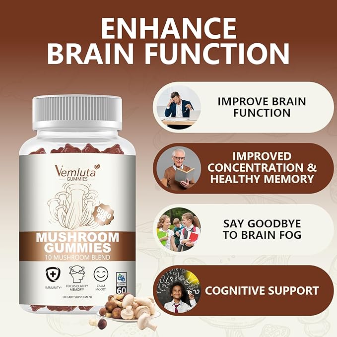 1 Pack 5000MG Mushroom Gummies -10 Blend Organic Mushroom Supplement containing Lion's Mane and Reishi for Brain and Immune Boosting, Vegan Blueberry Flavor, Non-GMO, 60 Counts