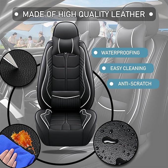 Leather Car Seat Covers Fit for Toyota Camry 2002-2024, 5 Seater Car Seat Cover, Premium Waterproof, Scratch Resistant Car Interior Accessories (Full Set with Pillow Black White)
