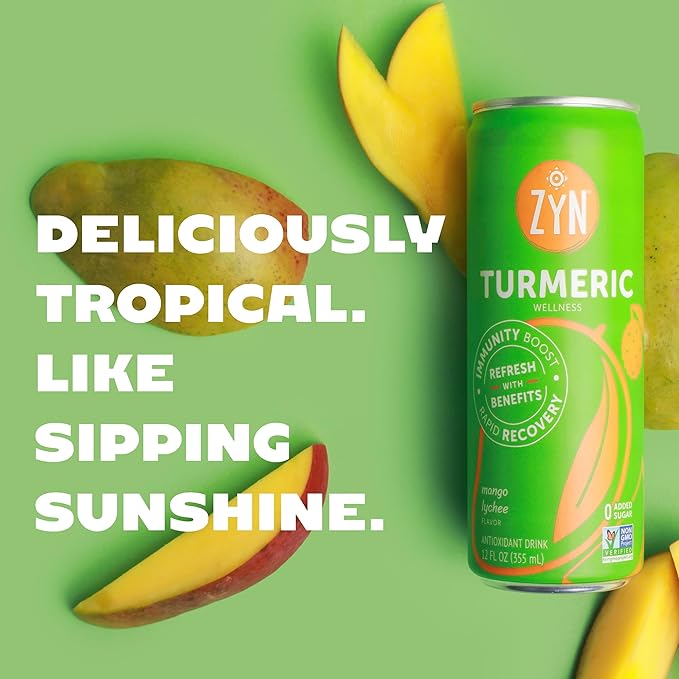 ZYN Turmeric Wellness Drink, Flavored Turmeric Drink, Turmeric Curcumin with Black Pepper, Low Calorie Healthy Energy Drink, Clean, Vegan Soda Alternative for Vitality, Variety Pack of 24