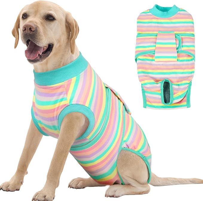 FUAMEY Recovery Suit for Dogs After Surgery,Soft Breathable Dog Bodysuit E-Collar & Cone Alternative Surgical Suit,Male Female Dog Neuter Spay Suits Anti Licking Wounds Onesie Mint Green Stripes XL