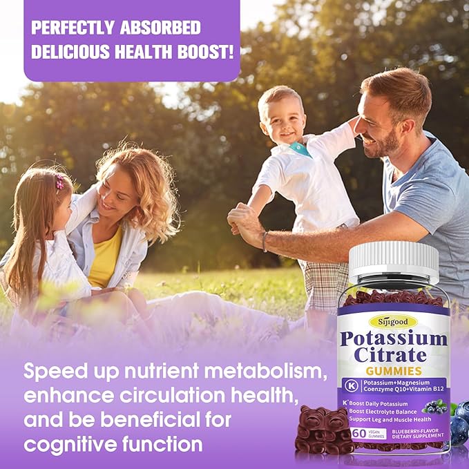 Potassium Citrate Gummies – Potassium Supplement for Muscle Health, Leg Cramp Relief & Electrolyte Balance, Vegan, Non-GMO, Gluten-Free, Blueberry Flavor, 60 Count