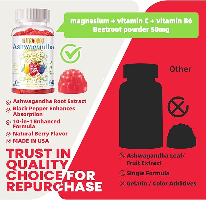 Ashwagandha Gummies & Vitamin D3 Gummy 120 Count - Organic Aswangdha Supplement for Improve Sleep, Stress Relief & Mood Calm(Mixed Berry,Vegan,Plant Based,Gluten-Free & Gelatin Free) Pack of 2