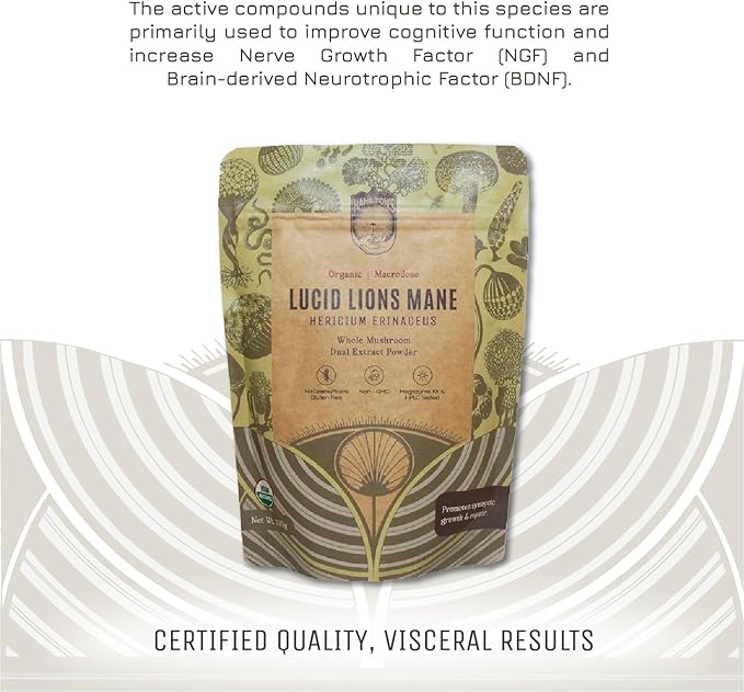 Hamilton’s Lucid Lion’s Mane | Organic Mushroom Extract Powder for Synapse Repair, Nerve Growth Factor, Focus, Memory, and Concentration | High Potency | 30% Beta Glucans | GF, Non-GMO, Vegan (100g)