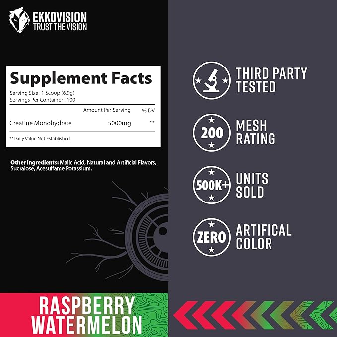 Creatine Monohydrate Powder, Micronized, Raspberry Watermelon, Pre & Post Workout Supplement for Men and Women, Energy Support, Easy to Mix in Shakes, Smoothies & Beverages, 100 Servings