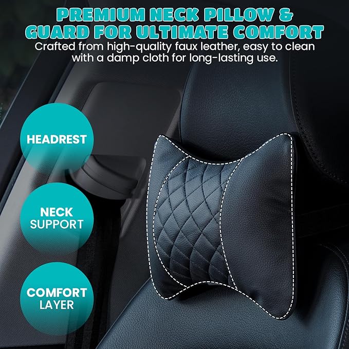 Set of 2 Quilted Faux Leather Car Headrest Pillow, Black Case/Black Threading, Ergonomic Neck Support for Comfortable Driving