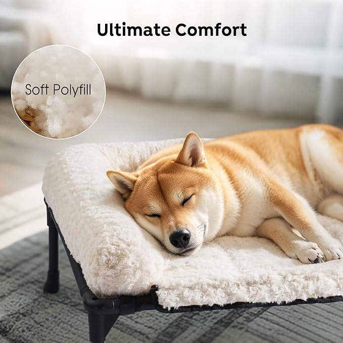 Veehoo Cooling Elevated Dog Bed Add Removable Deluxe Rose Plush Bolster Cushion Mat, 35" x 22" Washable Dog Couch Bed, Raised Pet Cot with Breathable Teslin Mesh, No-Slip Feet, White, CWC2439B