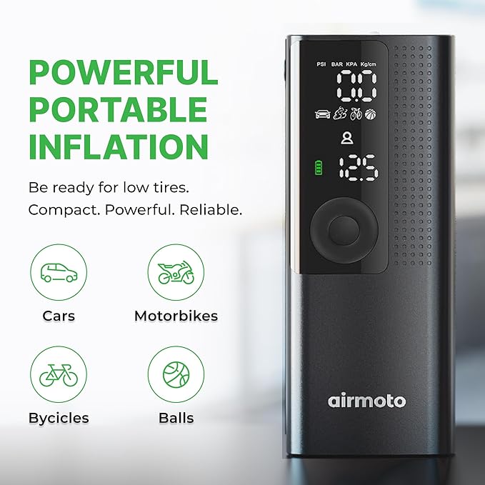 Airmoto Tire Inflator Portable Air Compressor - Air Pump For Car Tires with Digital Pressure Gauge, LED Light and Auto Shut-Off Function - Cordless Pump for Car, Motorcycle, Bicycle, Ball (Pack of 2)