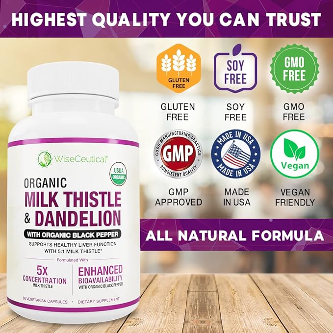 Max Absorption USDA Organic Milk Thistle Potent 5:1 Concentrated Extract (2000mg Strength) & Organic Dandelion Root | Silymarin Antioxidant Flavonoid | Liver Support Supplement (60 Count (Pack of 2))