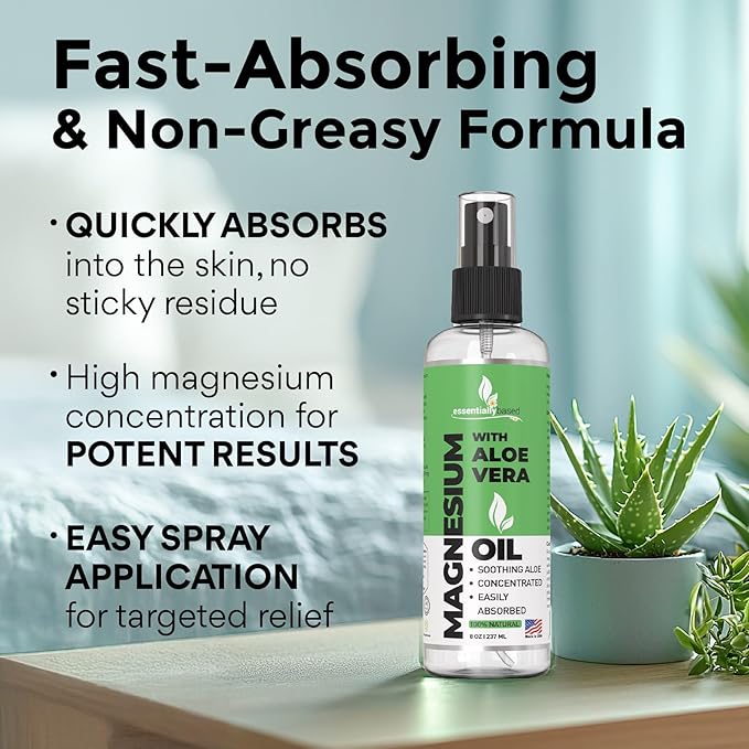 Pure Magnesium Oil Spray with Aloe Vera 8oz - Topical Magnesium Spray - Less Itchy - 100% Organic Oil - Made in USA