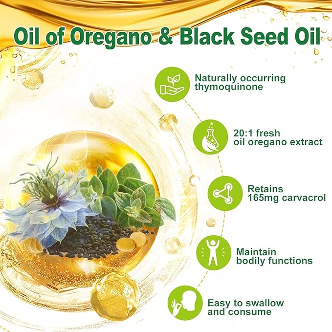 Nature's live Oil of Oregano with Black Seed Oil, 2 in 1 Oregano Supplement for Immune Health, Retains High Concentrated Carvacrol & Thymoquinone, Non-GMO, 60 Softgels, 2 Pack