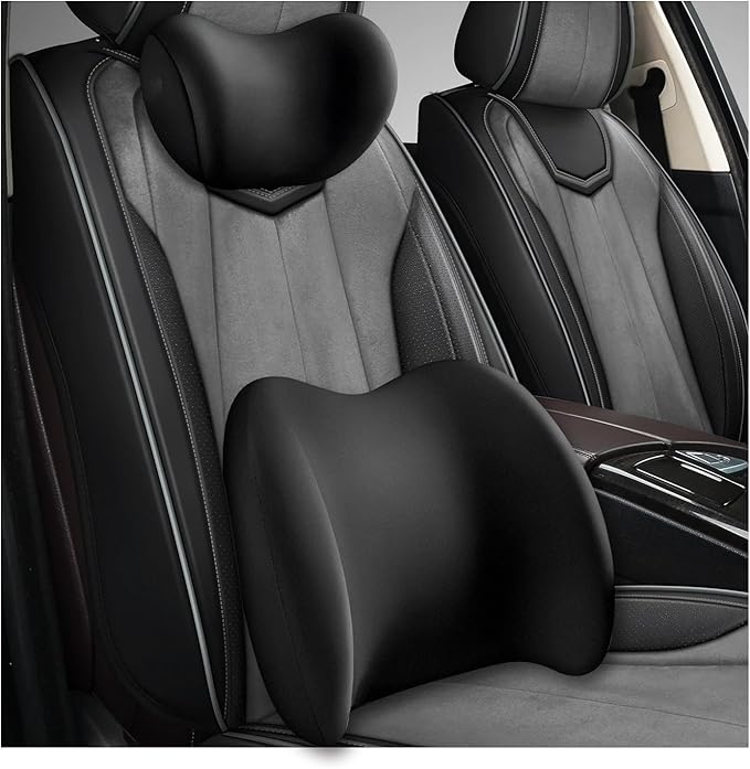 Car Headrest & Lumbar Support Cushion, Ergonomic Memory Foam Car Neck Back Support w/Removable Cover, Universal Breathable Lumbar Cushion Headrest Pillow with Adjusatble Strap (Black)