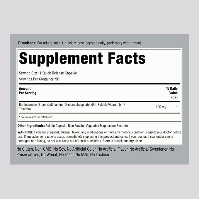 Piping Rock Benfotiamine 300mg | 90 Capsules | Fat Soluble Vitamin B1 | Non-GMO, Gluten Free Supplement