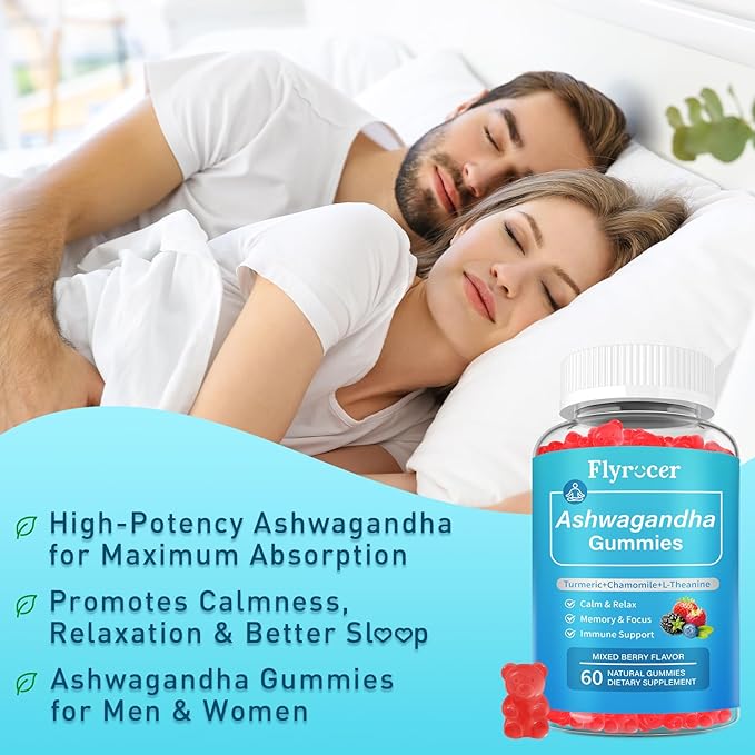 Ashwagandha Gummies, Organic Ashwa Root Extract Supplement for Women & Men, Vegan, Gluten-Free, Mixed Berry Flavor, 60 Count