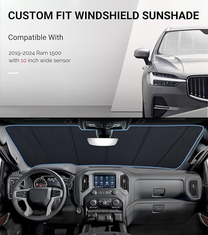 Windshield Sun Shade for Ram 1500 2019-2025 with 10 Inch Wide Sensor. Full Coverage Rearview Mirror Shade for Ultimate Protection