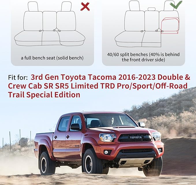 Huidasource Tacoma Back Row Seat Covers, Split Rear Bench Leather Seat Cover Fit for 3rd Gen Toyota Tacoma 2016-2023 Double & Crew Cab SR SR5 Limited TRD Sport/Pro/Off Road (Back Row/Black&Red)