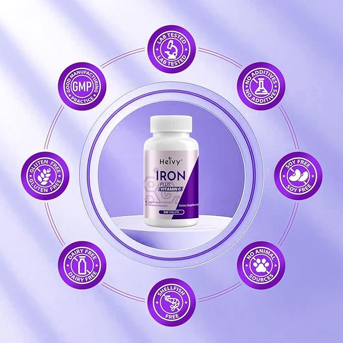 Ferrous Sulfate 325mg (Iron 65mg), High Potency Iron Supplement for Women and Men, Iron Pills with Vitamin C, Ferrous Sulfate, Non-GMO - 240 Tablets Made in USA