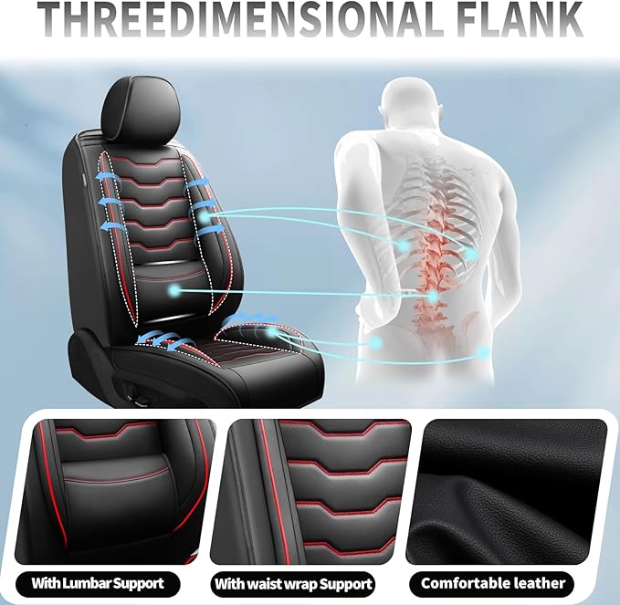 Fit Frontier Car Seat Covers Compatible with Nissan Frontier 2010-2025 2026 - Premium Leather， Waterproof， All-Weather Seat Cushion Protecto&Airbag Compatible (2 Front Seat Red Line Black)