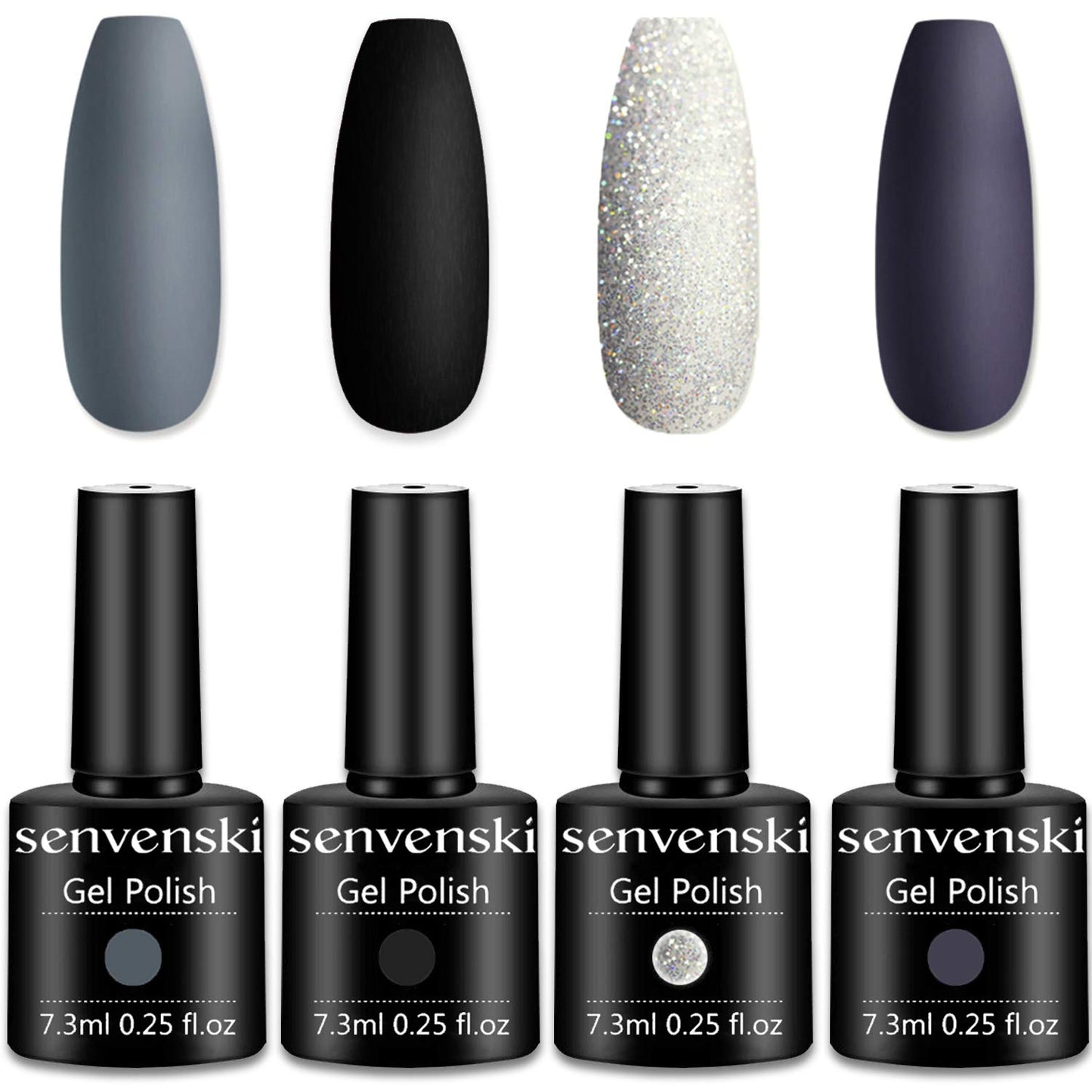 Senvenski Grey Black Gel Nail Polish, White Glitter Dark Purple Charcoal Pewter Gel Polish Shimmer Crystal Gift Soak Off Set Uv