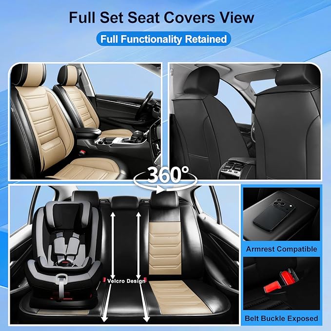 Fit Mazda 3 Car Seat Covers for Select Mazda 3 2010-2019 - Full Coverage Leather, Airbag Compatible, Waterproof & All Weather Seat Cushion Protector, Full Set, Black+Beige