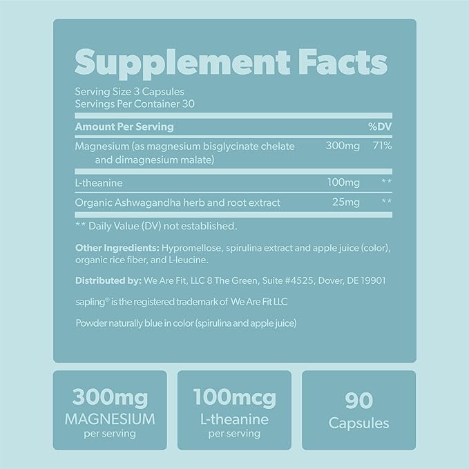 Magnesium Glycinate Complex Supplement - Chelated Magnesium Glycinate with Malate, Organic Ashwagandha, L-theanine & Blue Spirulina - High Absorption, Vegan, Non-GMO, 300mg, 90 Veggie Caps