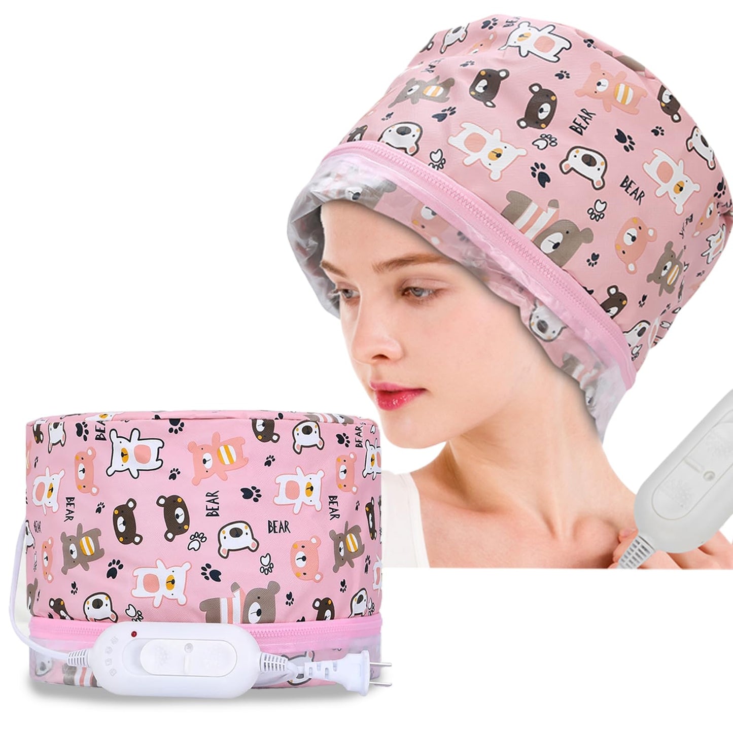 Heating Cap For Deep Conditioning, 3 Gear Bear Pattern Adjustable Brim Hair Thermal Treatment Cap For Home Use (Bear Pattern)
