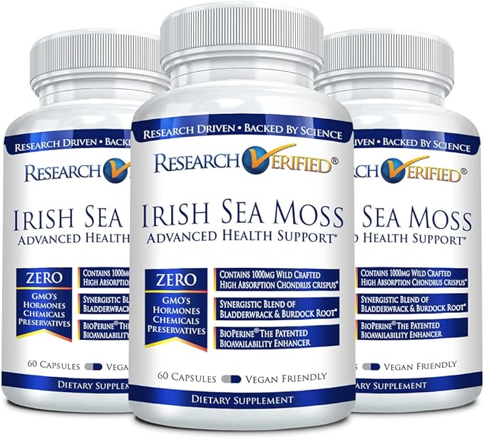Research Verified Irish Sea Moss - Bladderwrack, Burdock, BioPerine - Rich in Prebiotics - Boost Immunity, Aid Digestion - 180 Capsules - Vegan - Made in The USA