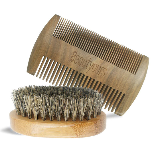 Beard Brush Kit Boar Bristle Brush And Sandalwood Comb With Storage Bag For Men, Fine & Coarse Teeth Dual Brush For Mustache Ant