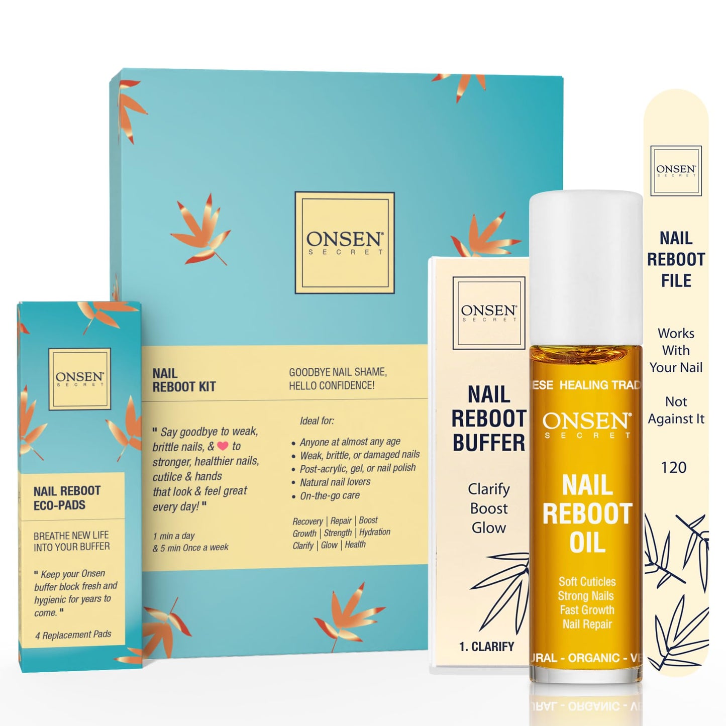 Onsen Secret Japanese Nail File Buffer And Shine Kit - Professional Nail File, 3-Way Nail Buffer Block W/Free Replacement Pads &