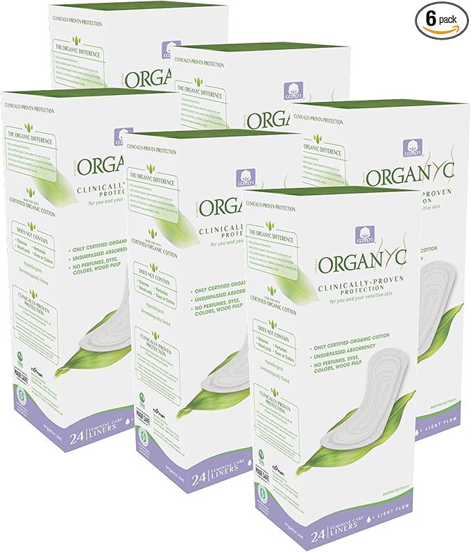 Organyc 100% Certified Organic Cotton Everyday Panty Liner - Flat, Light Flow, Light Plus, 24 Count (Pack of 6)