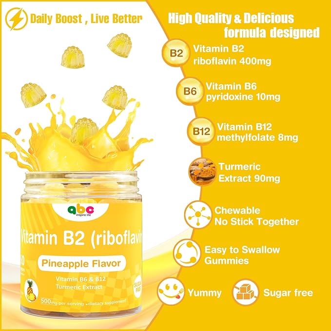 Vitamin B2 Gummies Riboflavin 400mg for Wen & Kids b2 Vitamins Chewable Gummies for Adults Supplement with B Complex Nervous System Support,Vegan,Sugar-Free,Pineapple Flavor, 60 Count