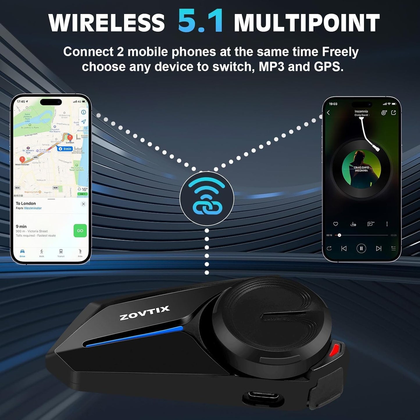 Motorcycle Helmet Headsets, 2 Riders 500M Helmet Communication System S2 Motorcycle Intercom Headset with DSP&CVC Noise Cancellation/HiFi Sound/IP67 Waterproof/Wake up Siri - Single Pack