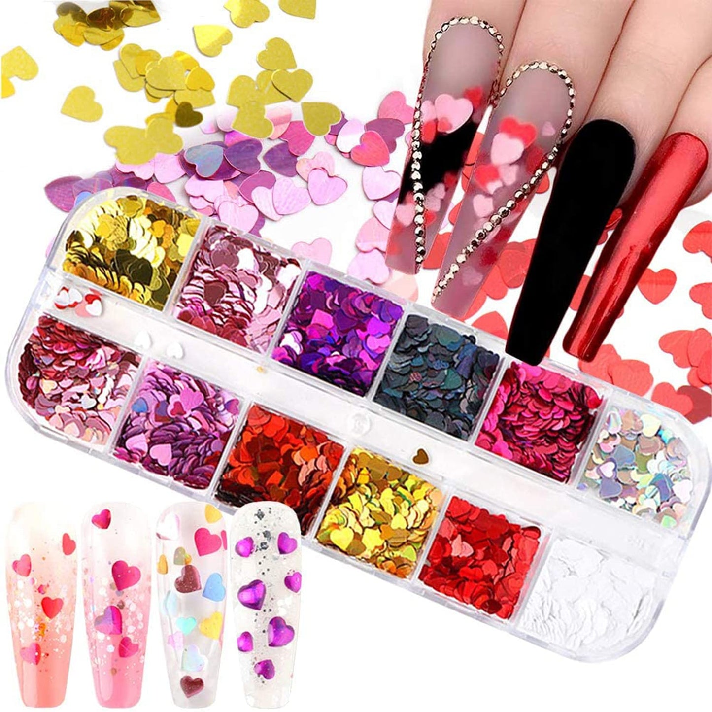 12 Colors Heart Holographic Nail Glitter Sequin Accessories Colorful 3D Heart Nail Flakes Powder Uv Gel Polish Acrylic Design Fo
