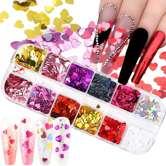 12 Colors Heart Holographic Nail Glitter Sequin Accessories Colorful 3D Heart Nail Flakes Powder Uv Gel Polish Acrylic Design Fo