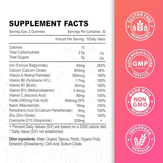 Vegan 2 Pack Iron Supplement Gummies for Women & Men, Anemia, Blood Builder & Energy Support for Iron Deficiency, with Vitamin C, A, B Complex, Folate, CoQ10, Sugar Free, Non-GMO, 120 Count