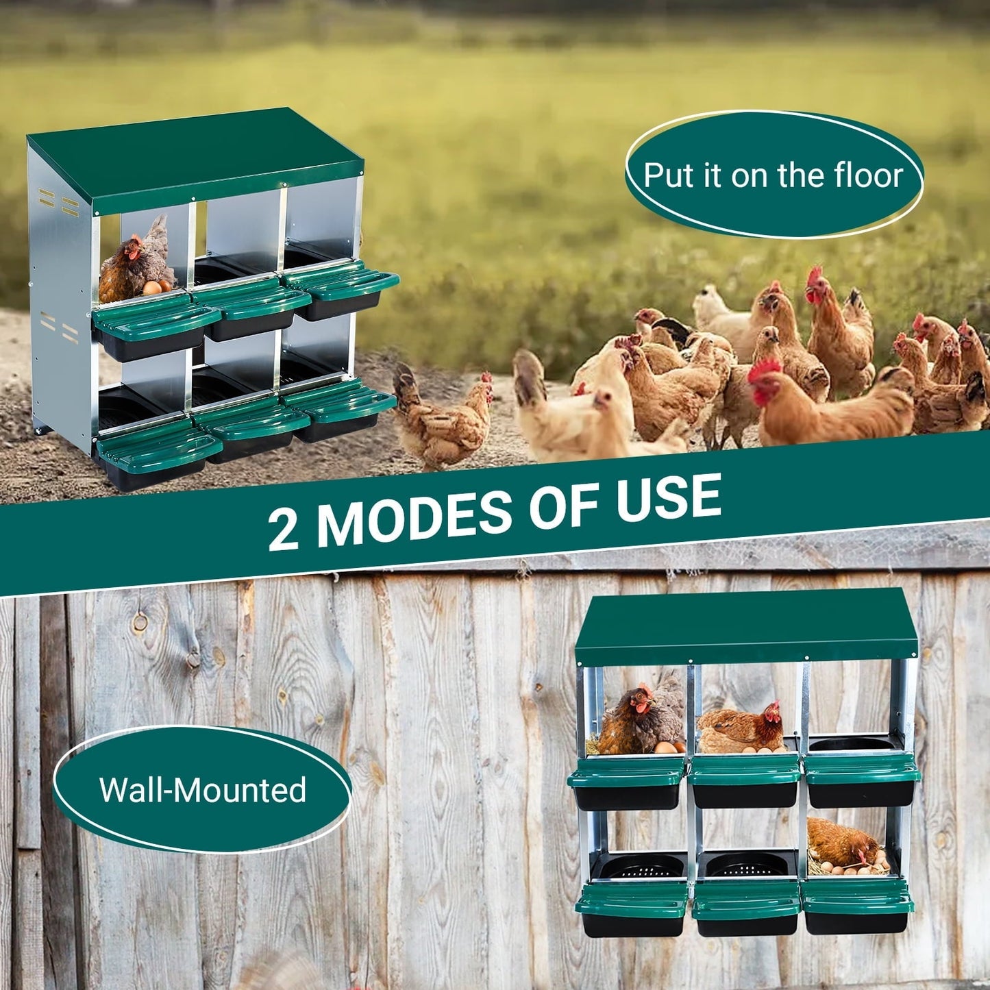 M optimized Chicken Nesting Box with 6 Compartments, Roll Away Laying Boxes for Hens, Lid Cover for Chicken Coop