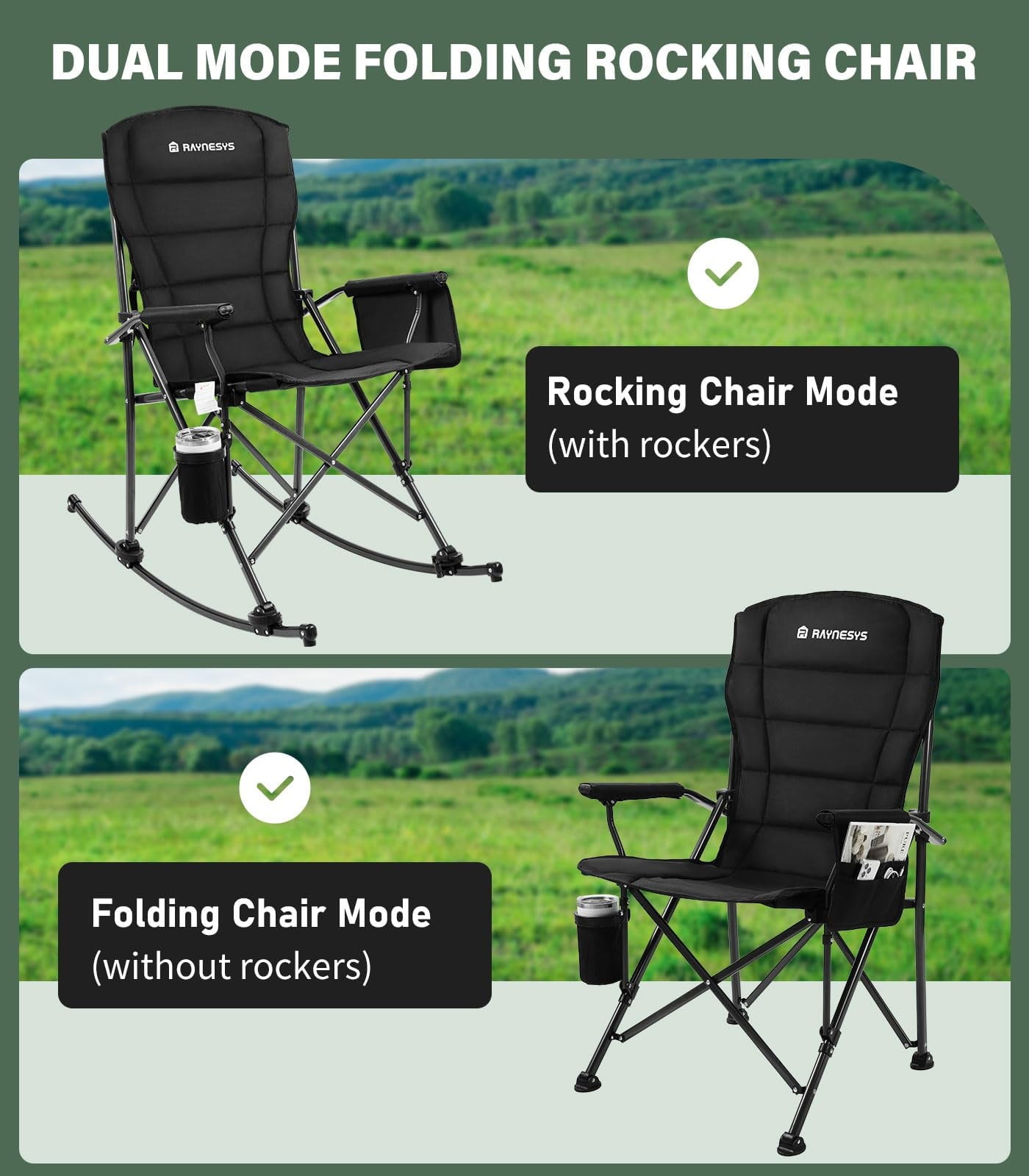 Raynesys Rocking Camping Chair Supports 440 LBS,Outdoor Rocking Chair with Cup Holder & Side Pocket for Patio Lawn,Black