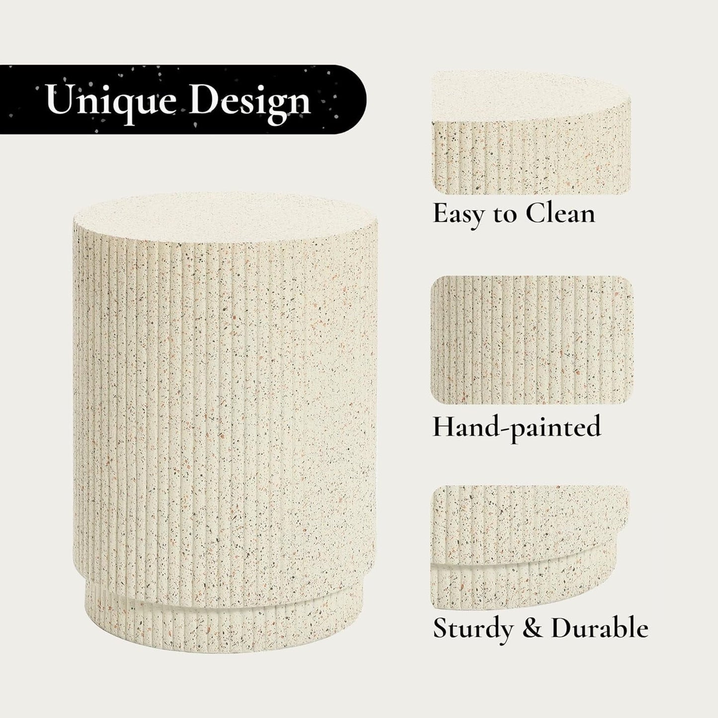 LuxenHome Cream Cement Round Outdoor Side Table, End Tables for Patio, Garden Small Accent Decorative Stool,  Stand Drum Table Indoor and Outdoor