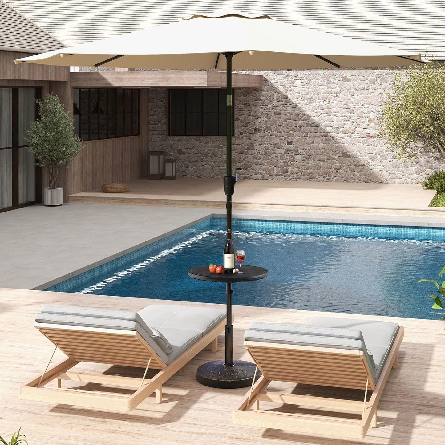 GaoJ Umbrella Pole Table Tray - 20" Outdoor Side Table with 1.5" Umbrella Hole, Height Adjustable Knob, All-Weather PE Matrial, for Patio, Backyard, Deck, Garden, Poolside, Black