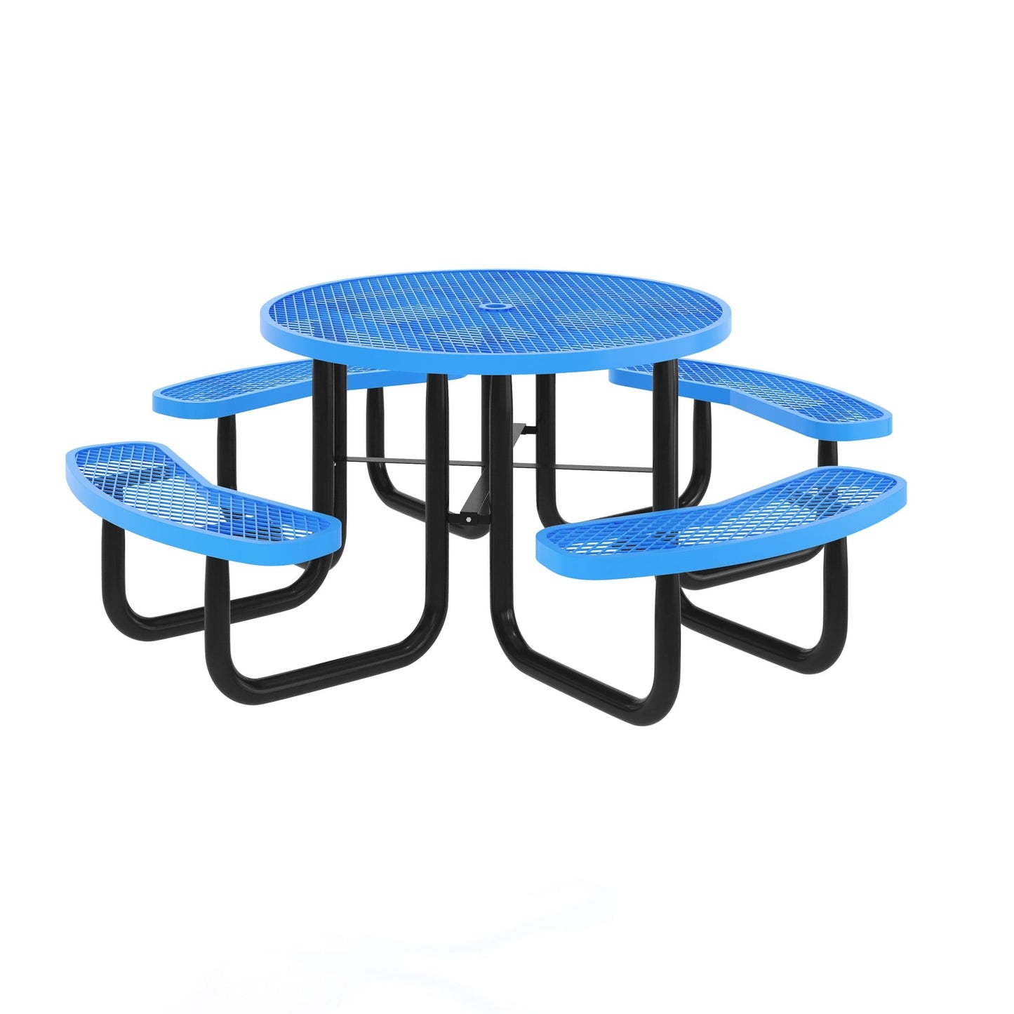 Flash Furniture 46" Round Outdoor Picnic Table with Commercial Heavy Gauge Expanded Metal Mesh Seats and Top with Umbrella Hole and Ground Anchors, Blue