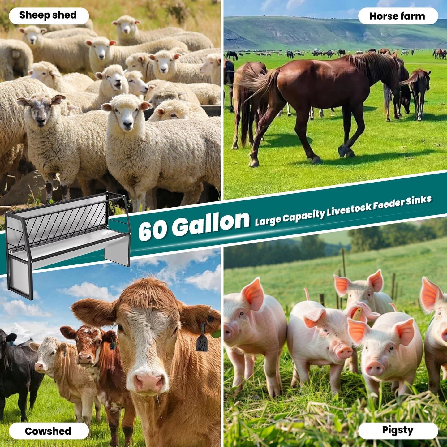 60 Gallon Feeder, Heavy Duty Galvanized Steel Livestock Hay Feeder, Large Capacity Functional Feeder for Sheep, Goats, Pony in Pasture, Barn, Farmyard