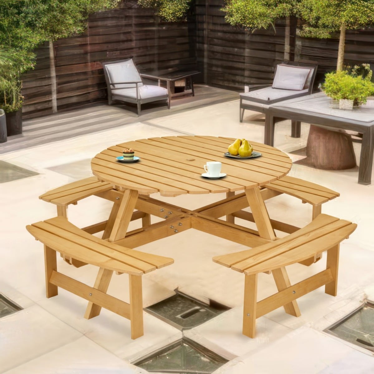 8-Person Round Outdoor Picnic Table with 4 Built-in Benches - Natural Weather Resistant Wood for Garden, Backyard, Patio
