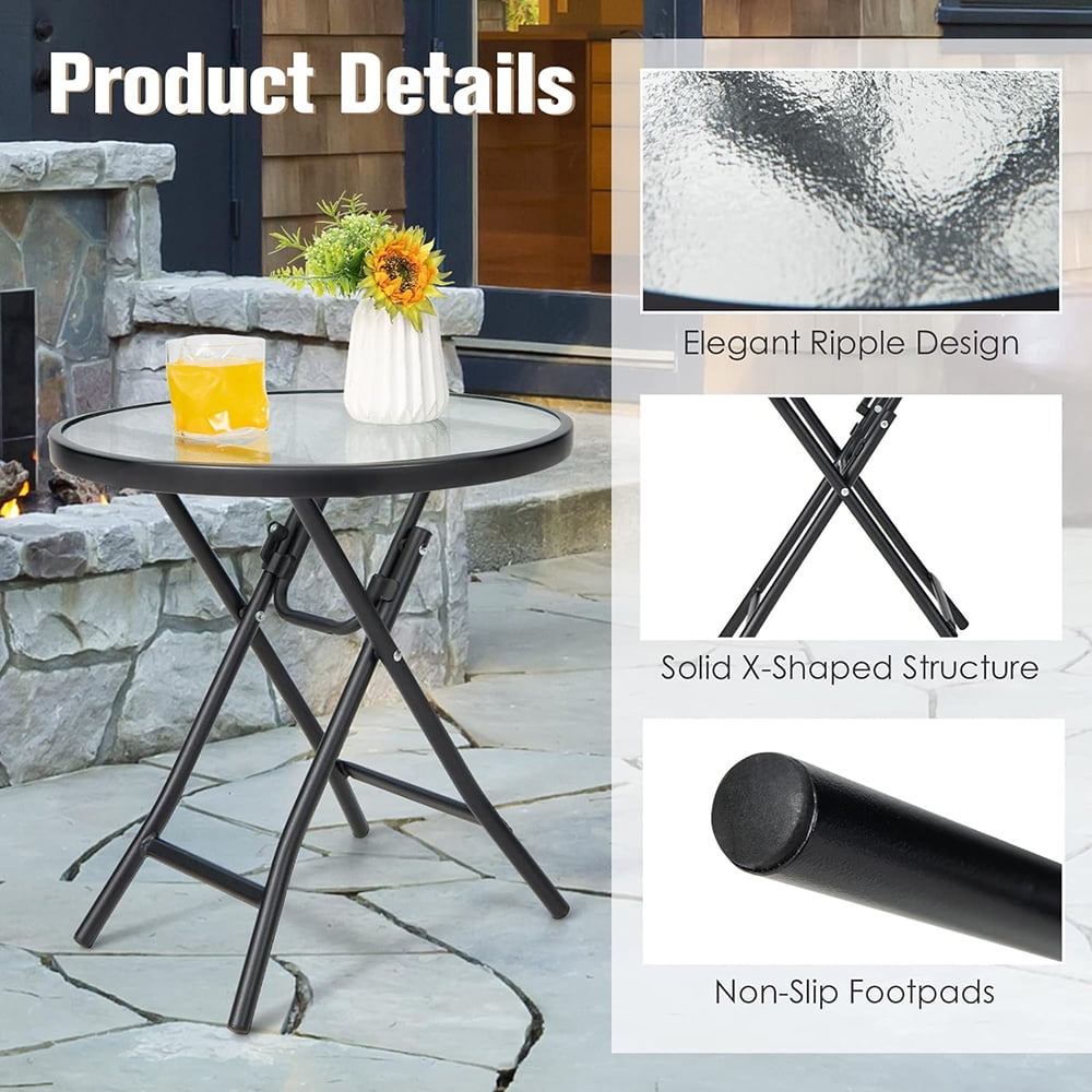 Outdoor Side Table, Folding Small Patio Table, Round Outdoor End Table with Tempered Glass Tabletop, Steel Frame, Footpads for Yard, Lawn, Balcony, Garden, Poolside