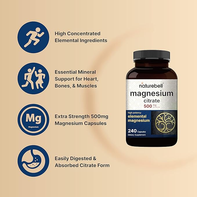 NatureBell Magnesium Citrate 500mg, 240 Capsules | High Purity Elemental Form – Extra Strength | Essential Mineral for Heart, Muscle, & Digestion Support – Non-GMO & No Gluten