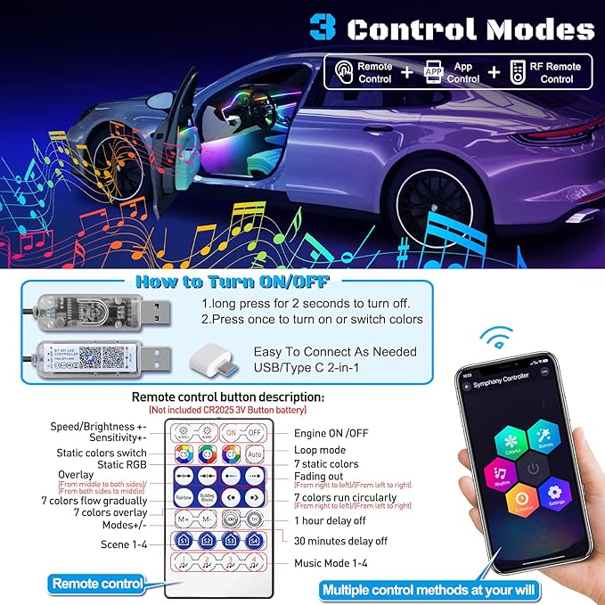Dreamcolor Acrylic Interior Car LED Strip Light with USB/Type C/4-Port Cigarette Lighter, RGB 2 in 1 with 110.2 inches LEDs Ambient Lighting Kits, Sound Active Function Neon Led Strips for Car