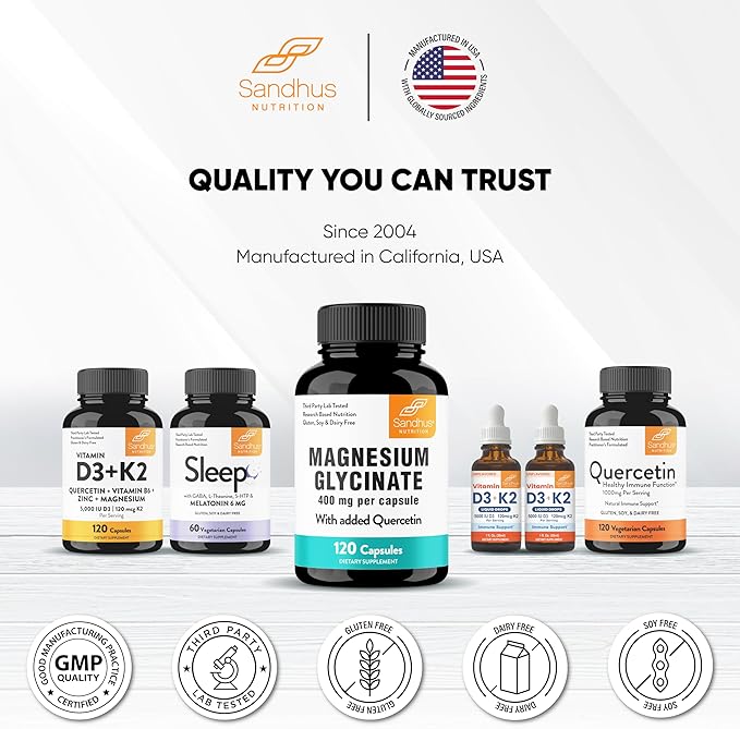 Magnesium Glycinate 400mg Capsules with Quercetin | Quality Sleep, Relaxation, Muscle, Bone Health & Immune Support | 120 Count (Pack of 3) | Easy to Swallow | for Women and Men